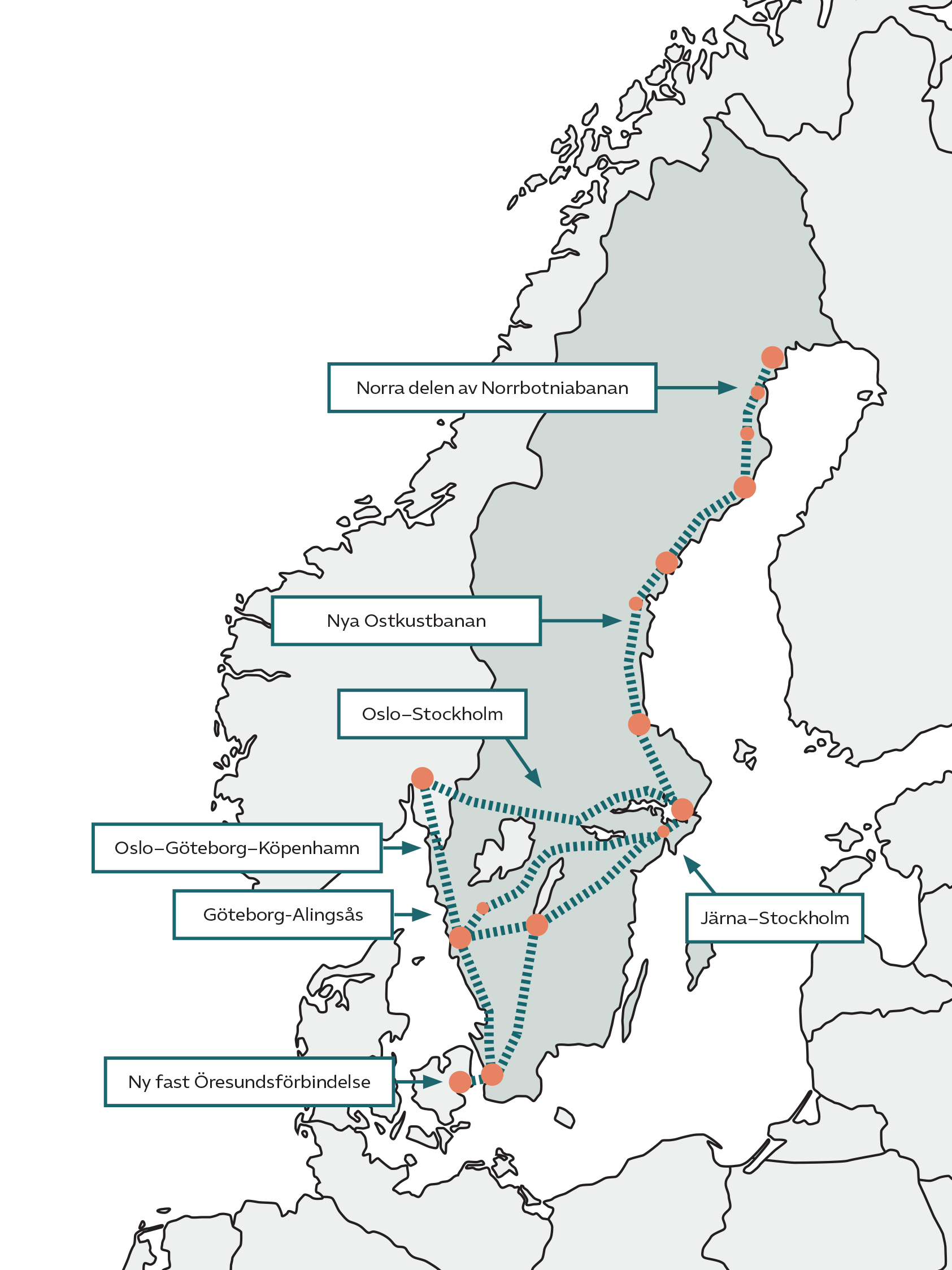 Sverigekarta med nya järnvägssträckningar utmarkerade
