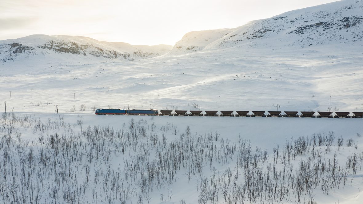 Ett malmtåg med många vagnar i fjällen